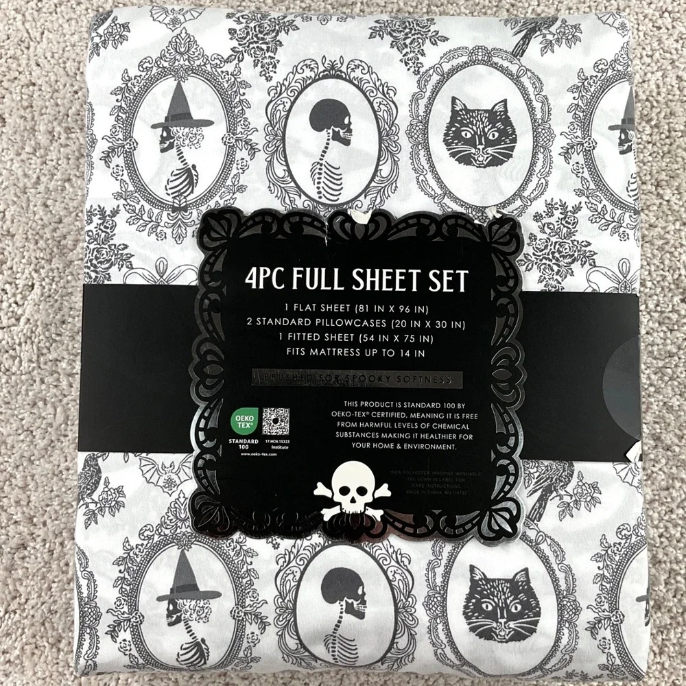 Madame Bones Halloween Full Sheet Set 4pc Gothic Skeleton Cat Cameo White Black